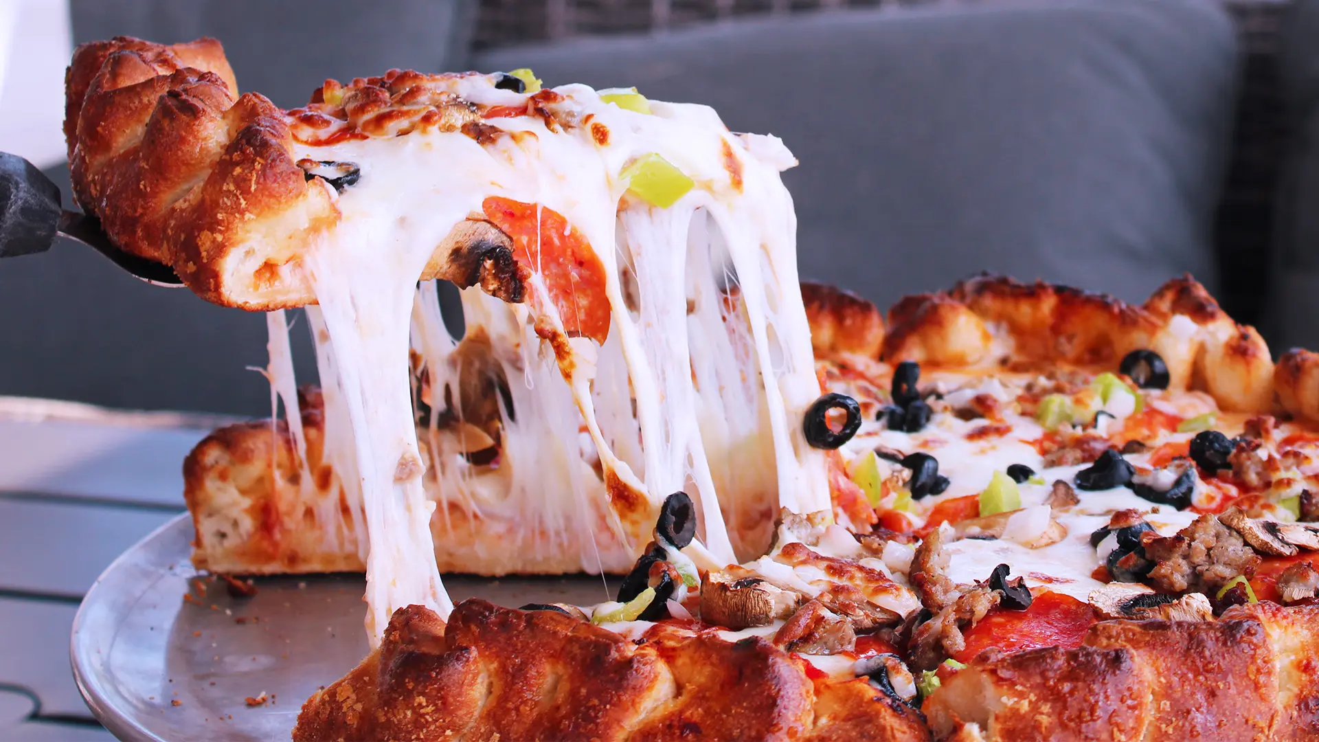 Cheesy supreme pizza at Boom restaurant in Grove, OK