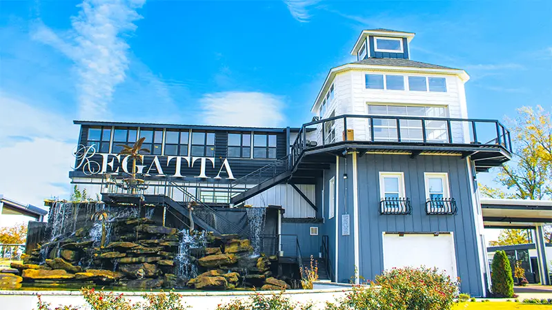 Exterior of Boom and Drift Restaurants, Grove, OK, located at The Regatta On Grand RV Resort